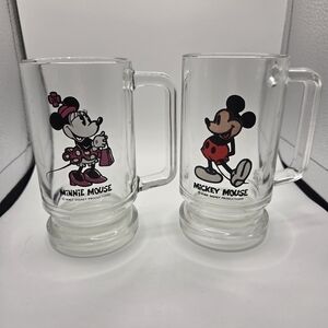 Vintage Set Walt Disney Productions Mickey & Minnie Mouse Glass Mug With Handle